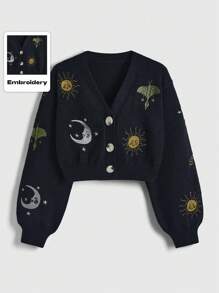 ROMWE Hippie Áo len cardigan tay dài họa tiết mặt trời và mặt trăng, áo dài tay - màu đen - Xem 1