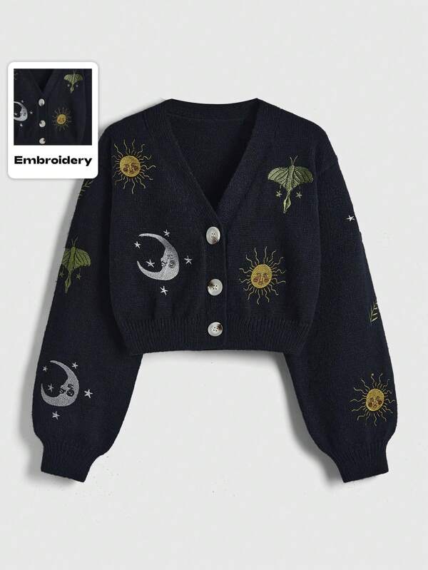 Hippie Sun & Moon Pattern Lantern Sleeve Cardigan,Long Sleeve Tops