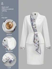 TaskEZ 女士花卉印花领长袖衬衫和铅笔裙办公室套装 - 白色 - 查看 1