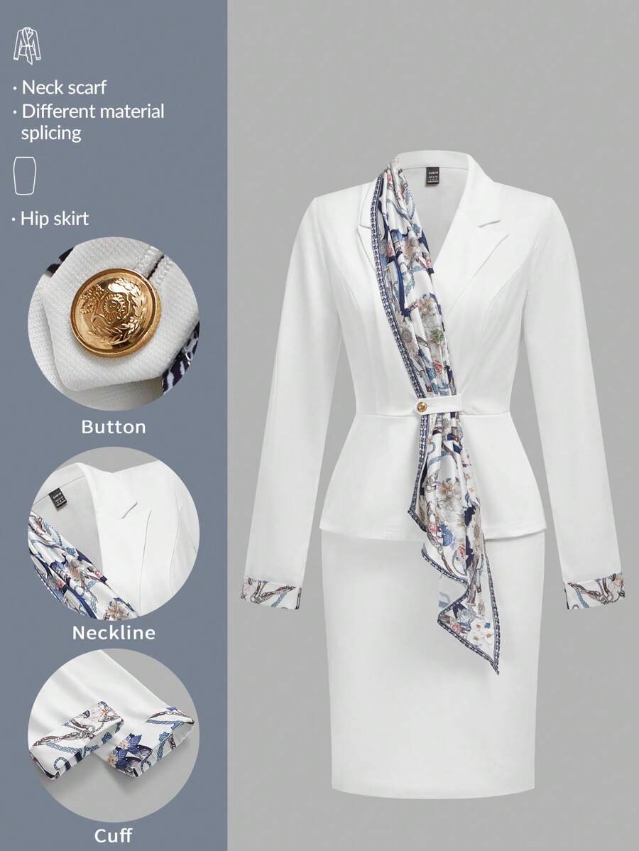 TaskEZ 女士花卉印花领长袖衬衫和铅笔裙办公室套装 - 白色 - 查看 1
