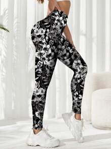 SHEIN Yoga Floral 女式花卉印花高腰休闲健身运动紧身裤瑜伽裤 - 黑與白 - 查看 3