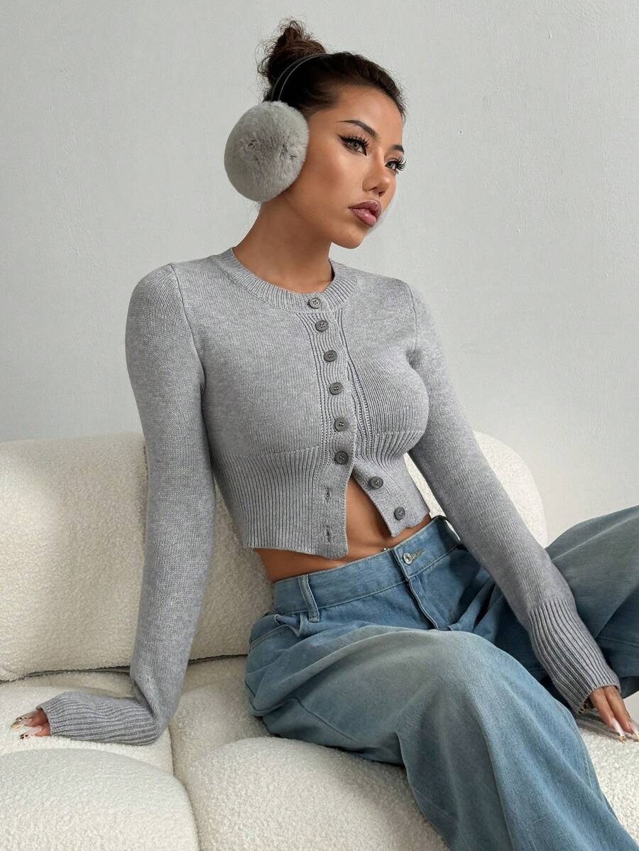 Flirla Áo len cardigan dáng ôm ngắn thời trang giản dị, mùa xuân/thu - Xám - Xem 1