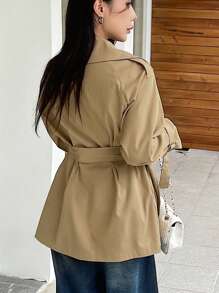 DAZY Solid Color Women Belted Long Sleeve Casual Trench Coat,Fall Clothes Women Jacket - Khaki - View 2