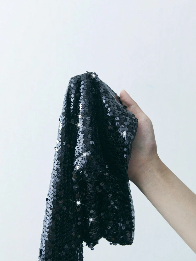 SHEIN Maija Pantalon évasé élégant pour femmes en tissu à perles noires et à paillettes, de couleur unie, taille élastique, fermeture éclair invisible sur le côté. Style urbain mode pour fête, début du printemps