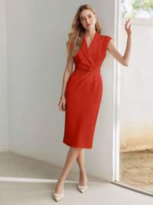 MOTF PREMIUM SOLID LAPEL COLLAR BUCKLE BELTED MIDI DRESS FOR NEW YEAR CLOTHES - Red - View 3