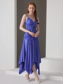 SHEIN Belle 女士不对称下摆细肩带交叉正式晚礼服 - 藍色 - 查看 3