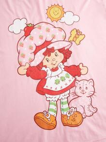 Strawberry Shortcake | ROMWE Áo thun hở vai in họa tiết hoạt hình thường ngày cỡ lớn cho nữ, mùa hè - Hồng - Xem 2