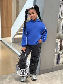 SHEIN Tween Girl 街头服饰休闲连帽运动衫 - 藍色 - 查看 8