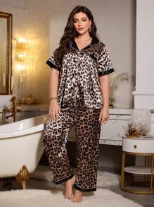 SHEIN MuseNap CURVE Plus Size Women Faux Silk Leopard Print Top & Pants Sleepwear Set - Khaki - View 3