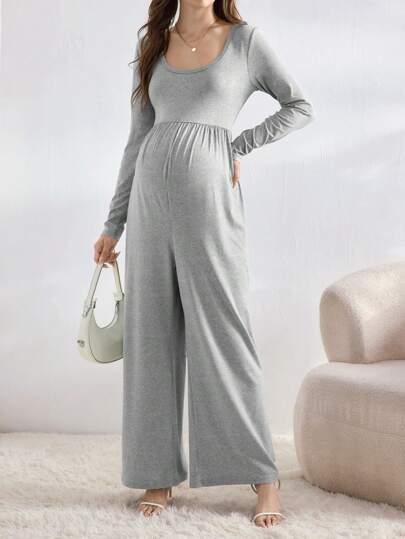 SHEIN 孕妇纯色圆领长袖休闲连体裤