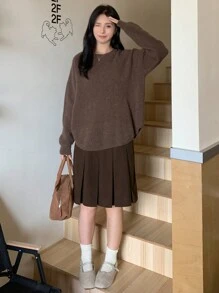 FRIFUL 女式纯色短款褶皱 A 字迷你裙，返校服装 - 咖啡棕 - 查看 2