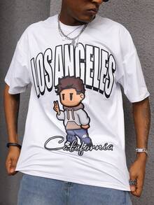 Manfinity Hypemode 男士圆领短袖简约印花 T 恤，休闲日常穿着 - 白色 - 查看 3