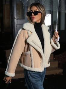 Aveloria 女士新款蓬松内衬摩托车夹克宽松休闲加厚风衣学院风短外套