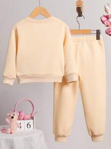 SHEIN 2 stuks/set jonge meisjes losse vlinderprint casual ronde hals sweatshirt outfit met thermische voering, geschikt voor herfst/winter