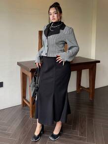 SHEIN Clasi 大码秋冬复古风格提花拼色翻领修身夹克和中长 A 字裙两件套，女士商务装