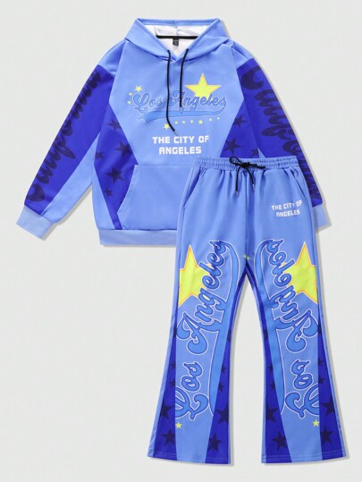 Street Life Men's Casual Star & Letter Print Colorblock Drawstring Hoodie & Sweatpants Set, Spring/Fall