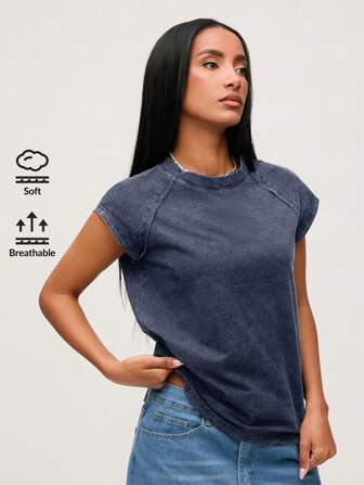 SHEIN BASICS Women's Casual Solid Color Knit Relaxed Regular Crew Neck T-Shirt