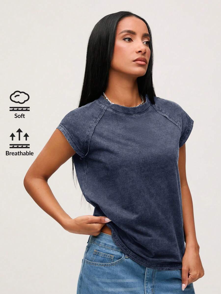 SHEIN BASICS Áo thun cổ tròn dệt kim màu trơn đơn giản thoải mái cho nữ - Màu xanh lam - Xem 1