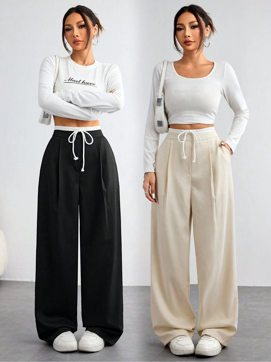 SHEIN BASICS 2 chiếc quần ống đứng lưng cao dệt trơn rộng rãi cho nữ - Nhiều màu - Xem 1