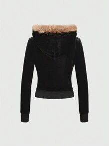 ROMWE Grunge Punk Set de 2 piezas compuesto por top con cremallera y capucha de terciopelo con parches y pantalones acampanados con cordón de mujer