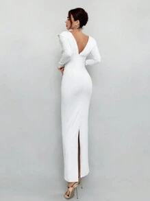 Aloruh 女士秋冬派对深 V 领褶饰闪亮长袖修身连衣裙 - 白色 - 查看 2