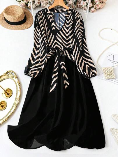 SHEIN Clasi Plus Size Women's Autumn V-Neck Black Floral Print Patchwork A-Line Lantern Sleeve Midi Dress Maxi Women Outfit