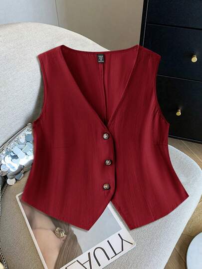 SHEIN LUNE 加大码V领前开襟纽扣无袖衬衫，夏季纽扣衬衫，圣诞节新年女装，新年除夕酒红色假日款