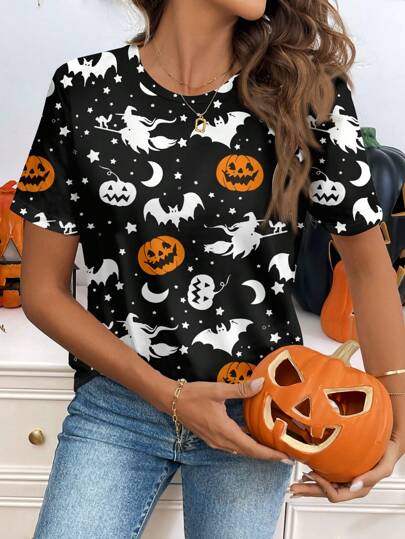 SHEIN LUNE Halloween Casual Pumpkin, Bat, Moon And Star Pattern Round Neck Short Sleeve T-Shirt For Women, Summer HALLOWEEN COSTUMES