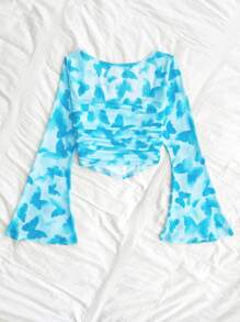 Soleia Women's Vacation Knitted Mesh Red Insect Butterfly Print V-Neck Long Flared Sleeve Fitted Cute T-Shirt - Baby Blue - View 3