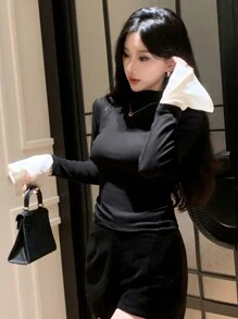 DAZY 女式拼色立领喇叭袖修身T恤，春秋长袖女上衣，秋季女装立领女装