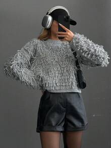 EURMUSE Jersey de cuello redondo con detalles de flecos para mujer - Gris - Ver 4