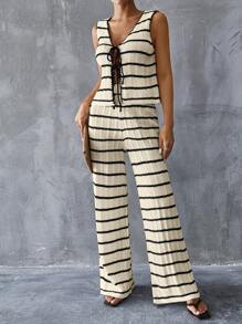 SHEIN Essnce Women's Casual Striped Tie-Front Sweater Vest And Wide Leg Knit Pants 2-Piece Suit, Spring And Autumn - Beige - View 8