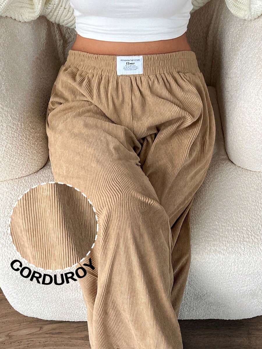 SHEIN EZwear 大码女式高腰宽松灯芯绒面料裤子，带口袋和贴片设计，适合校园、日常穿着和室内工作，秋冬季 - 卡其色 - 查看 1
