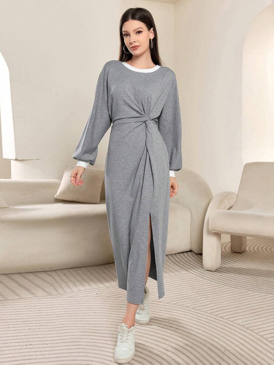 Mulvari Women's Round Neck Batwing Sleeve Waist Twist Open-Hem Casual Sweatshirt Dress, Spring/Autumn Pullover Fall Outfit - Grey - View 1