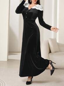 Modelyn Women's Elegant Colorblock Patchwork Dress, Autumn Long Evening Dresses