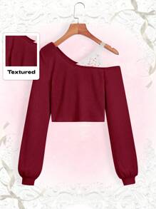 ROMWE Kawaii Camiseta de manga larga con cuello asimétrico y encaje de contraste para mujer, escuela