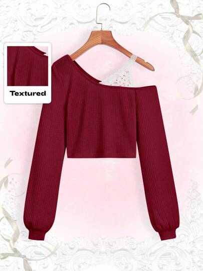 Kawaii Women's Asymmetrical Collar Contrast Lace Long Sleeve T-Shirt, School