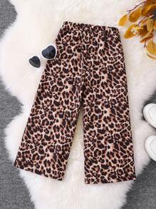 SHEIN 年轻女孩针织豹纹字母宽松休闲运动裤 - 彩色 - 查看 2