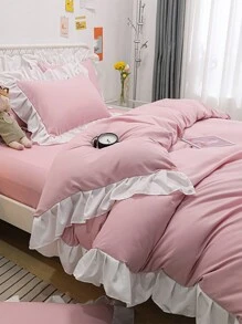 3pcs Kids/Dorm Bedding Set, Includes Duvet Cover & Pillowcase, Pink Floral Ruffled