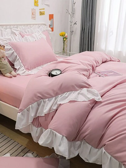 3pcs Kids/Dorm Bedding Set, Includes Duvet Cover & Pillowcase, Pink Floral Ruffled