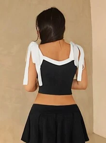 Zolique Contrast Color Patchwork Wide Strap Tie-Up Casual Knit Blouse - Black - View 2