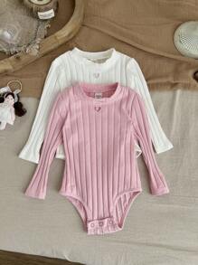SHEIN LMoss Kids LMoss 2pcs/Set Newborn Baby Girls Cute Knitted Hollow Heart Pattern Long Sleeve Bodysuit Set For Autumn/Winter - Multicolor - View 7