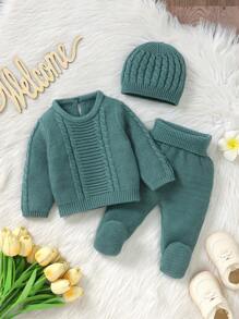 SHEIN 2pcs/Set Unisex Newborn Infants Solid Blue Casual Fashion Cute Soft Korean Style Long Sleeve Sweater And Pants Outfit For Everyday Wear, Suitable For Autumn/Winter - Green - View 1
