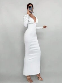 Aloruh 女士秋冬派对深 V 领褶饰闪亮长袖修身连衣裙 - 白色 - 查看 5