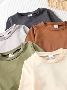 SHEIN Vintaside Kids 5 件套男婴纯色圆领长袖 T 恤，适合休闲、日常穿着和派对、所有季节、秋季上衣 - 彩色 - 查看 4