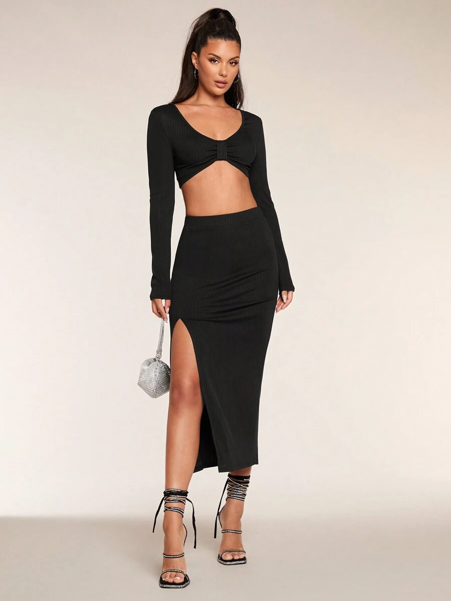 Glamine 2pcs Sexy Black Long Sleeve Cropped Top + Split Hem Bodycon Skirt Set Fall Cloth For Women - Black - View 1