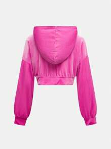 SHEIN Girlism Tween 女童纯粉色落肩字母刺绣长袖拉链连帽短款夹克带口袋和阔腿工装裤 2 件/套 - 粉色 - 查看 6