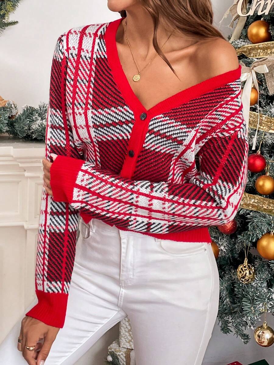 Chiquease Áo khoác cardigan kẻ caro thường ngày và công sở cho nữ vào mùa thu/đông - Đỏ - Xem 1