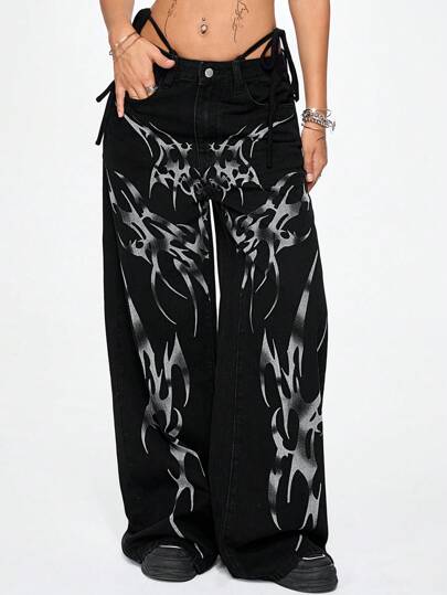 Grunge Punk Oversized Asymmetric Pattern Wide Leg Women's Boy Friend Jeans