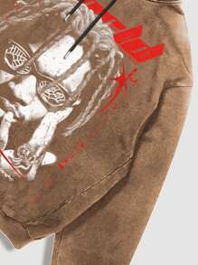 ROMWE MEN Street Life Men's Hip Hop Character Hooded Acid-Washed Sweatshirt - Khaki - View 3